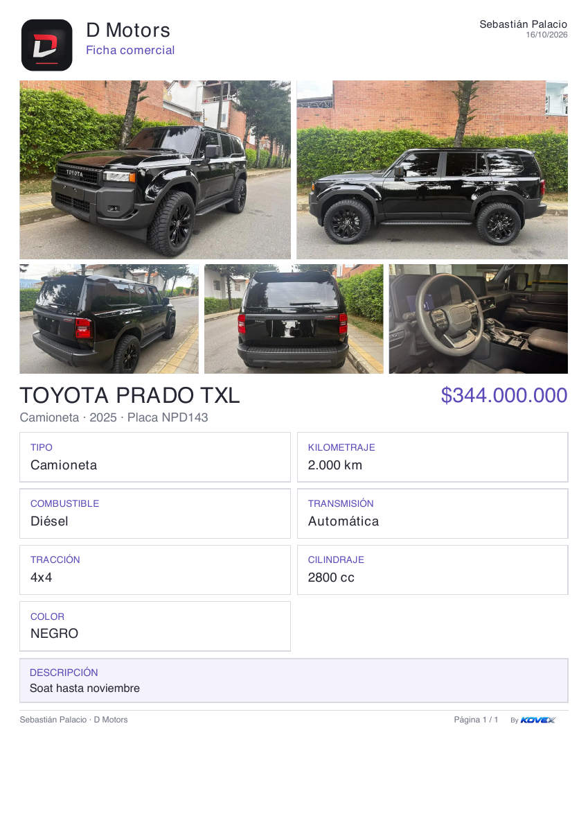 Ejemplo de ficha comercial PDF creada con KOVEX para un vehículo del demo D Motors: fotografías, precio y características